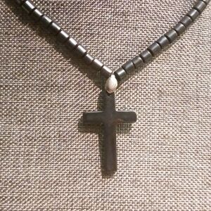 90s Hematite Cross Pendant and Beaded Necklace - Pre-loved (16")